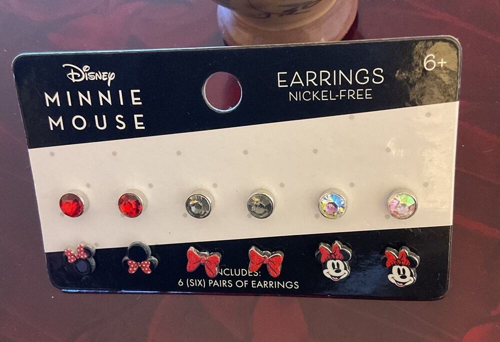NWT Disney Minnie Mouse 6 Pair Stud Earring Set Nickel Free Rhinestone Bows